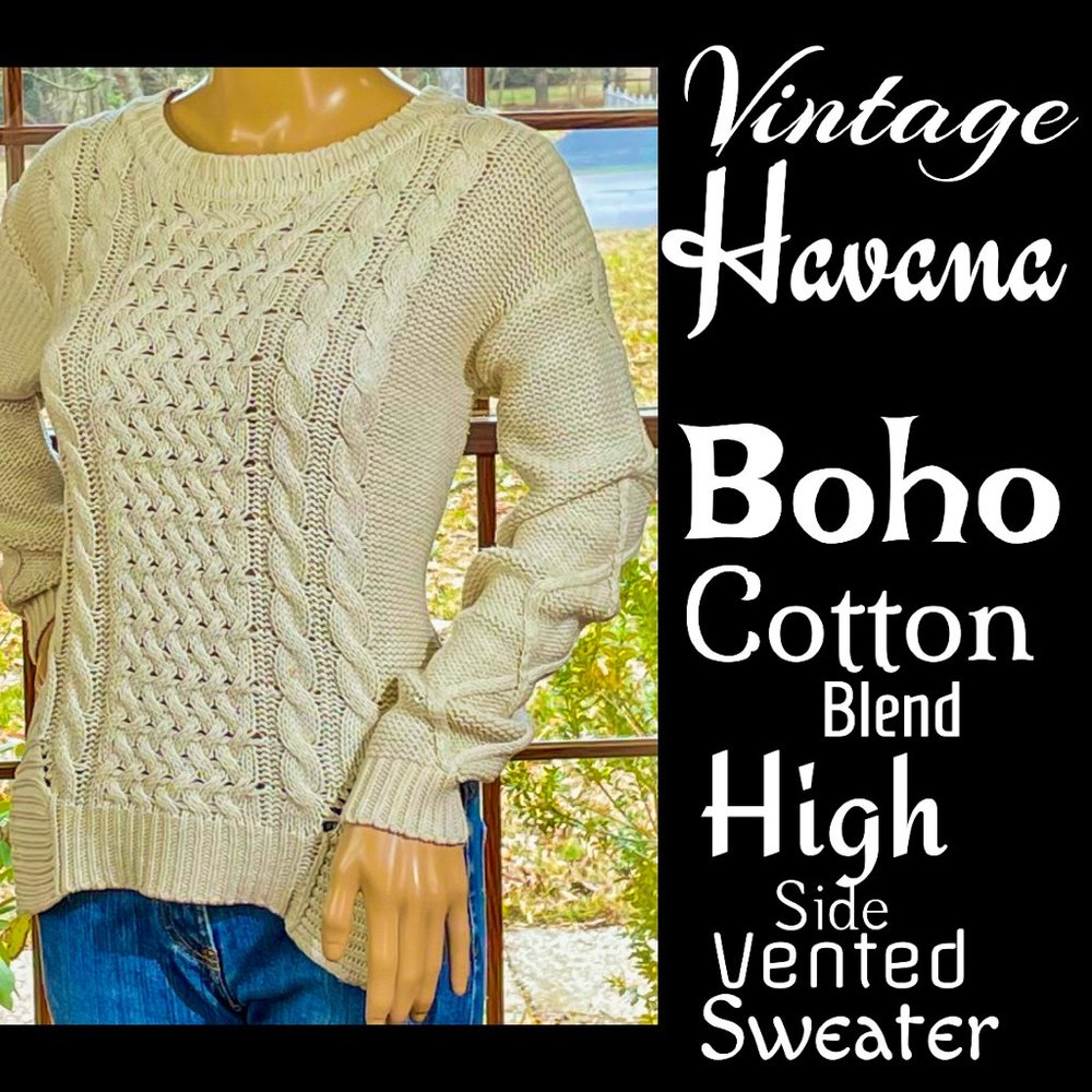 ▪️VINTAGE HAVANA▪️Boho Cream Cotton Blend High Side Vented Sweater
